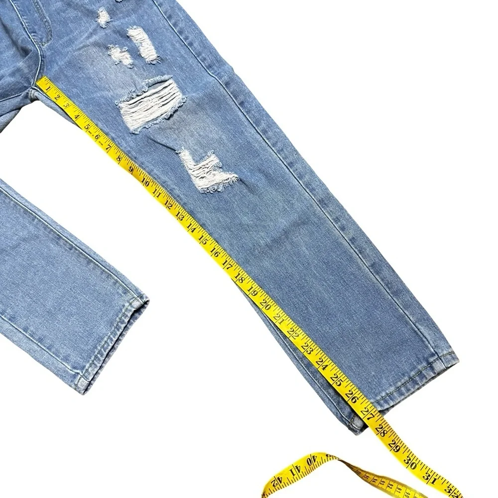 Blue Denim Overalls Bibs Size Small Cotton Blend Distressed Ripped Straight Leg